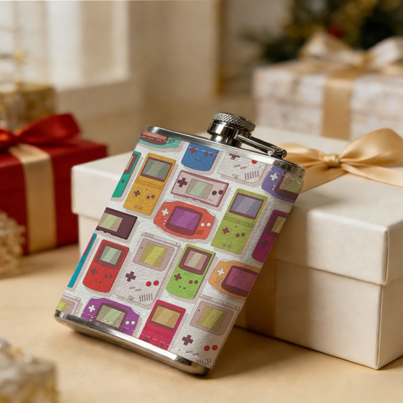 Various colorful retro handheld game consoles One 8oz Flask – Carries Whiskey, Wine & Juice, Portable Outdoor Gift for Friends