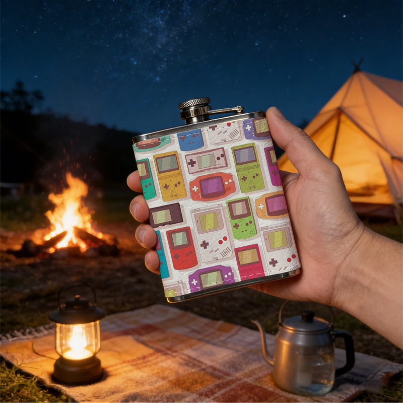 Various colorful retro handheld game consoles One 8oz Flask – Carries Whiskey, Wine & Juice, Portable Outdoor Gift for Friends