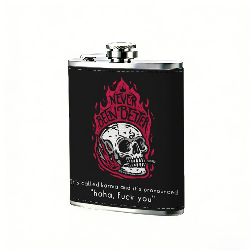 Skull with red flames on black background One 8oz Flask – Carries Whiskey, Wine & Juice, Portable Outdoor Gift for Friends