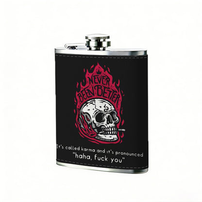 Skull with red flames on black background One 8oz Flask – Carries Whiskey, Wine & Juice, Portable Outdoor Gift for Friends