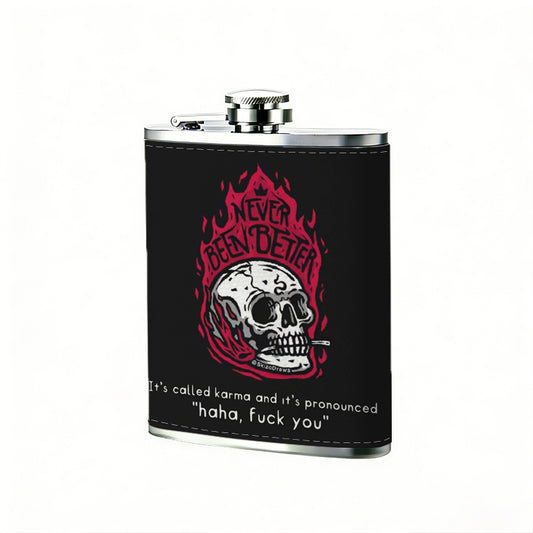 Skull with red flames on black background One 8oz Flask – Carries Whiskey, Wine & Juice, Portable Outdoor Gift for Friends