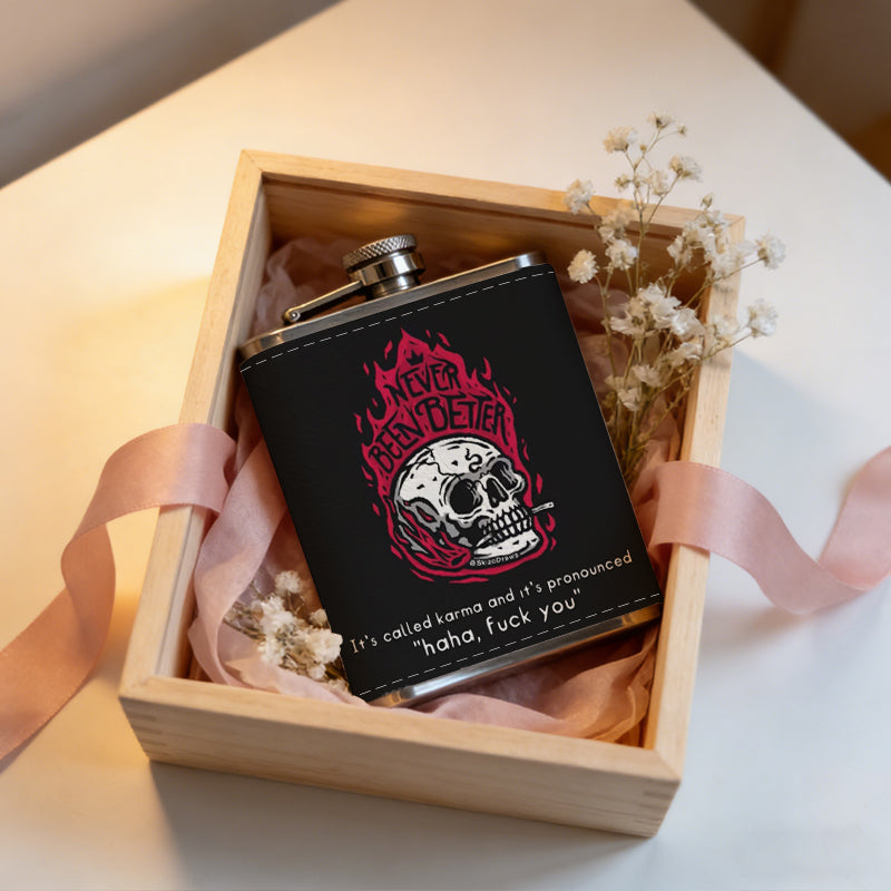 Skull with red flames on black background One 8oz Flask – Carries Whiskey, Wine & Juice, Portable Outdoor Gift for Friends