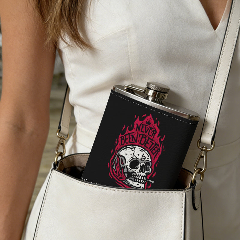 Skull with red flames on black background One 8oz Flask – Carries Whiskey, Wine & Juice, Portable Outdoor Gift for Friends