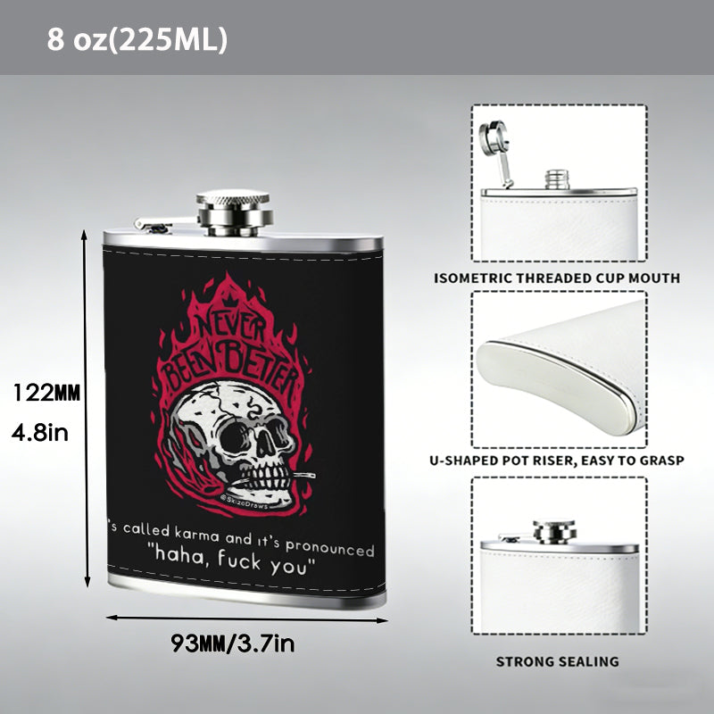 Skull with red flames on black background One 8oz Flask – Carries Whiskey, Wine & Juice, Portable Outdoor Gift for Friends