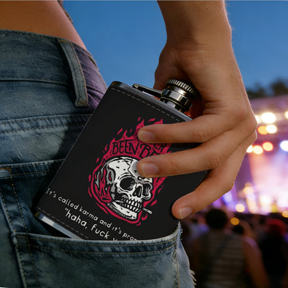 Skull with red flames on black background One 8oz Flask – Carries Whiskey, Wine & Juice, Portable Outdoor Gift for Friends