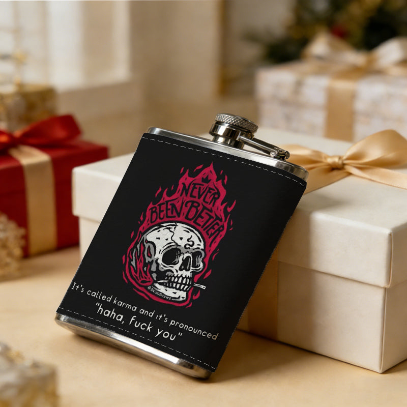 Skull with red flames on black background One 8oz Flask – Carries Whiskey, Wine & Juice, Portable Outdoor Gift for Friends