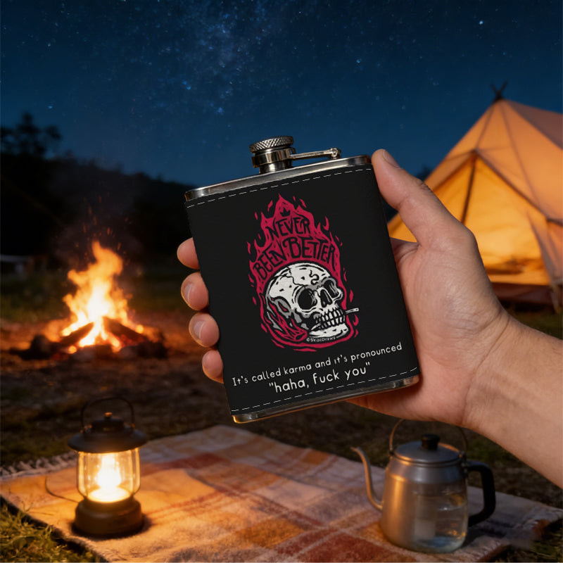 Skull with red flames on black background One 8oz Flask – Carries Whiskey, Wine & Juice, Portable Outdoor Gift for Friends