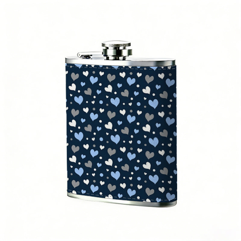 Dark blue sparkly heart pattern background One 8oz Flask – Carries Whiskey, Wine & Juice, Portable Outdoor Gift for Friends