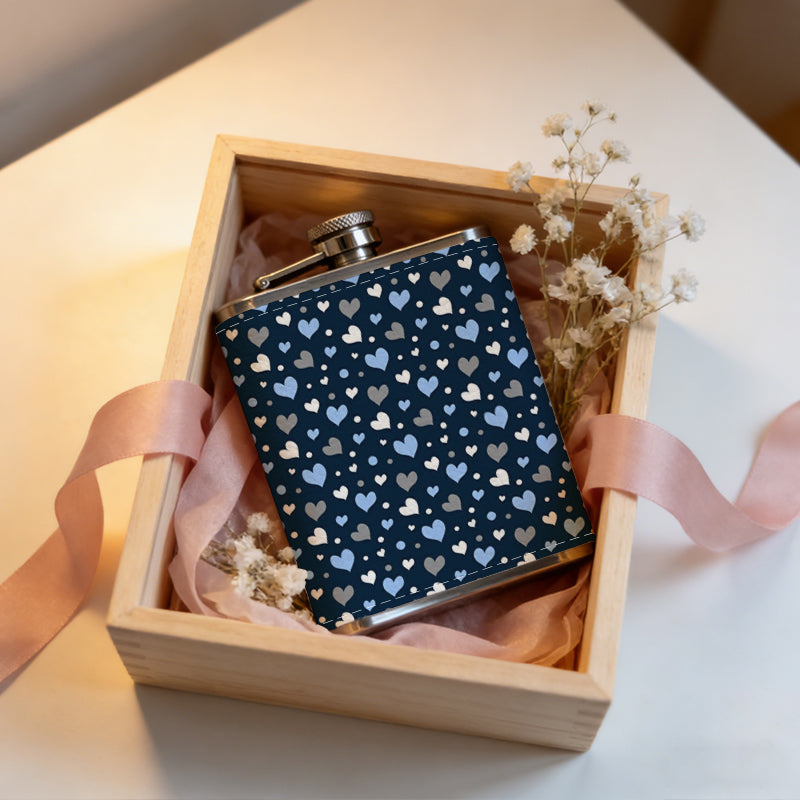Dark blue sparkly heart pattern background One 8oz Flask – Carries Whiskey, Wine & Juice, Portable Outdoor Gift for Friends