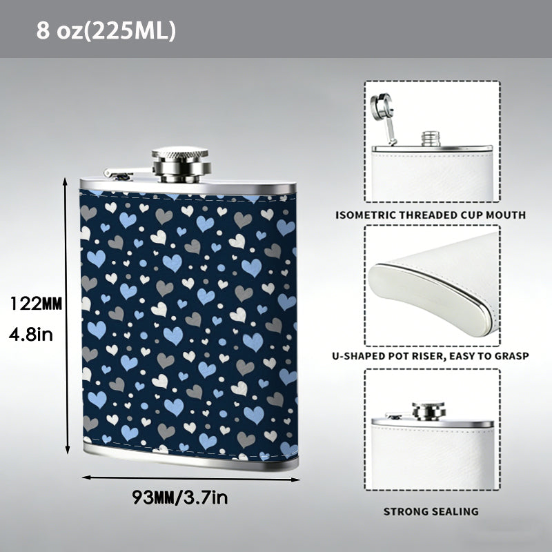 Dark blue sparkly heart pattern background One 8oz Flask – Carries Whiskey, Wine & Juice, Portable Outdoor Gift for Friends