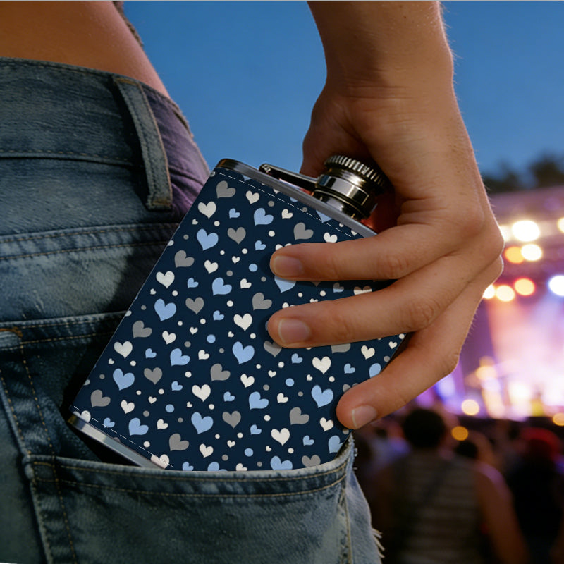 Dark blue sparkly heart pattern background One 8oz Flask – Carries Whiskey, Wine & Juice, Portable Outdoor Gift for Friends