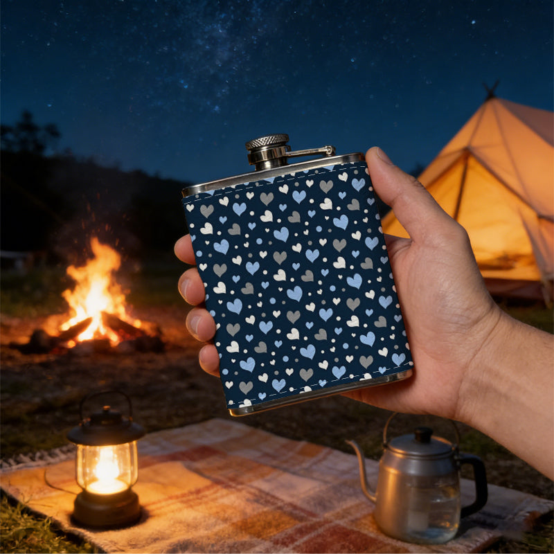 Dark blue sparkly heart pattern background One 8oz Flask – Carries Whiskey, Wine & Juice, Portable Outdoor Gift for Friends
