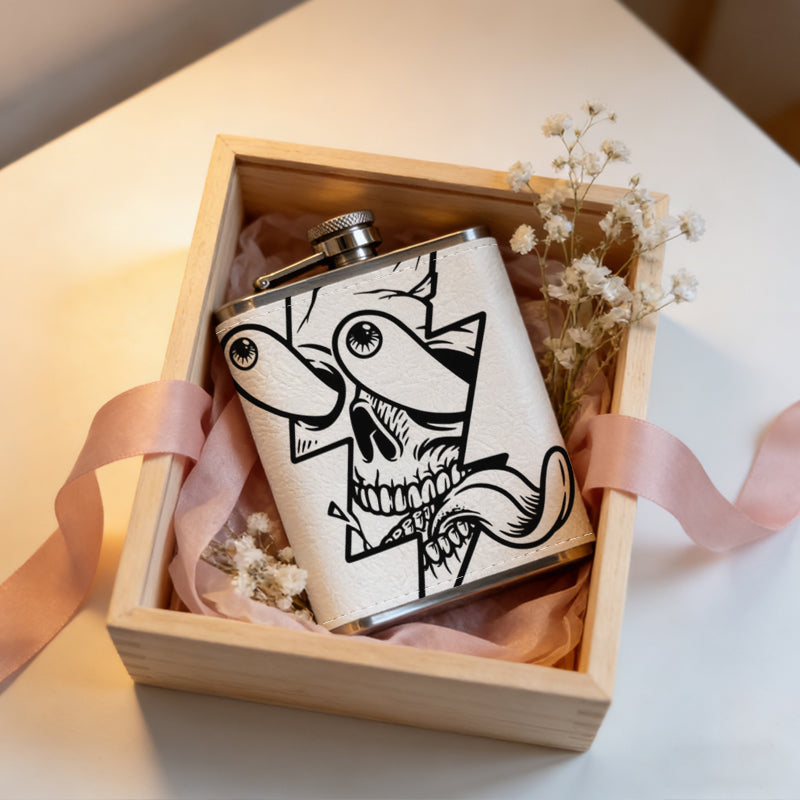 Skull with lightning bolt and tongue One 8oz Flask – Carries Whiskey, Wine & Juice, Portable Outdoor Gift for Friends