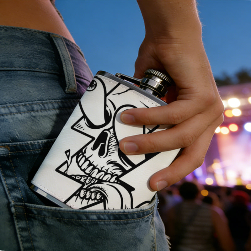 Skull with lightning bolt and tongue One 8oz Flask – Carries Whiskey, Wine & Juice, Portable Outdoor Gift for Friends