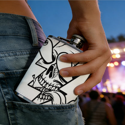 Skull with lightning bolt and tongue One 8oz Flask – Carries Whiskey, Wine & Juice, Portable Outdoor Gift for Friends