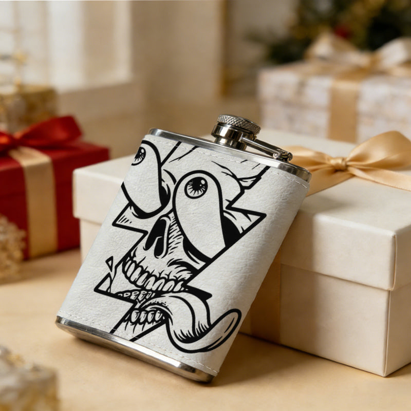 Skull with lightning bolt and tongue One 8oz Flask – Carries Whiskey, Wine & Juice, Portable Outdoor Gift for Friends