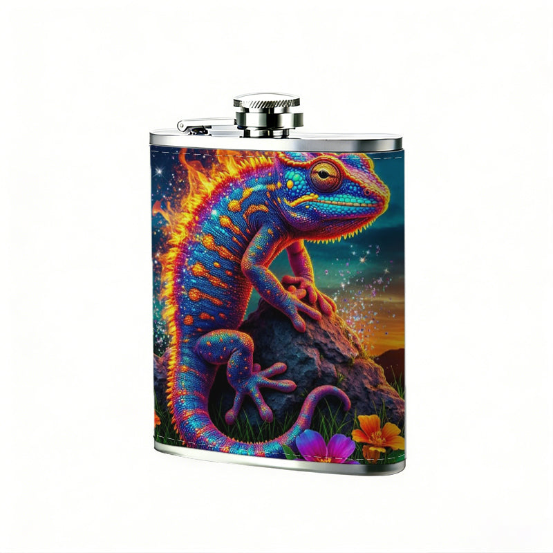Colorful lizard with flowers at night One 8oz Flask – Carries Whiskey, Wine & Juice, Portable Outdoor Gift for Friends