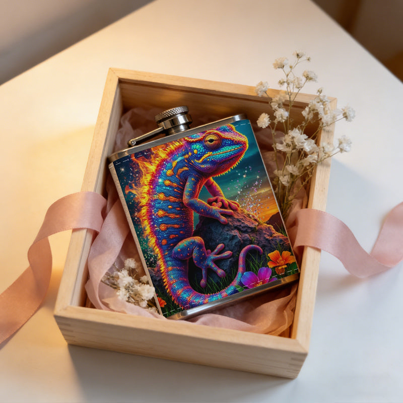 Colorful lizard with flowers at night One 8oz Flask – Carries Whiskey, Wine & Juice, Portable Outdoor Gift for Friends