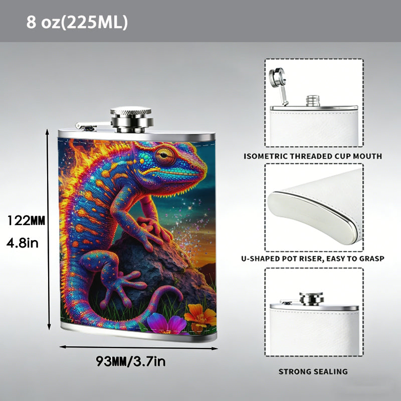 Colorful lizard with flowers at night One 8oz Flask – Carries Whiskey, Wine & Juice, Portable Outdoor Gift for Friends