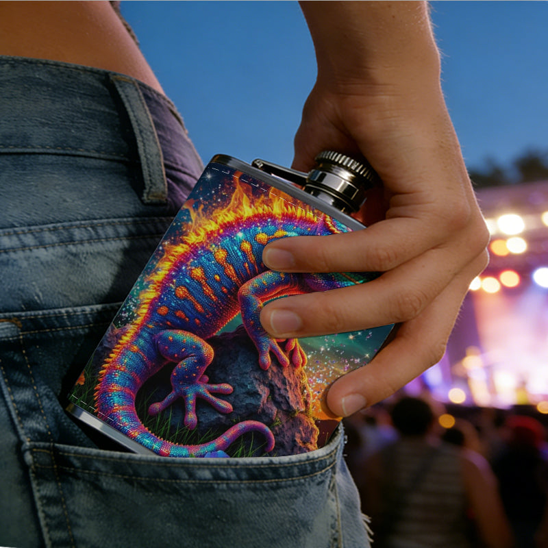Colorful lizard with flowers at night One 8oz Flask – Carries Whiskey, Wine & Juice, Portable Outdoor Gift for Friends