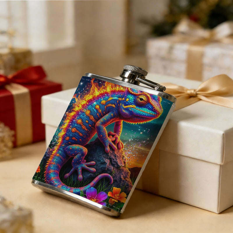 Colorful lizard with flowers at night One 8oz Flask – Carries Whiskey, Wine & Juice, Portable Outdoor Gift for Friends