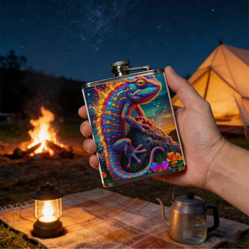 Colorful lizard with flowers at night One 8oz Flask – Carries Whiskey, Wine & Juice, Portable Outdoor Gift for Friends