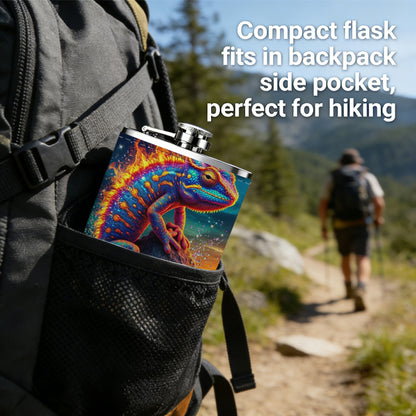 Colorful lizard with flowers at night One 8oz Flask – Carries Whiskey, Wine & Juice, Portable Outdoor Gift for Friends