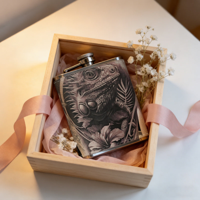 Lion and floral tattoo on skin One 8oz Flask – Carries Whiskey, Wine & Juice, Portable Outdoor Gift for Friends