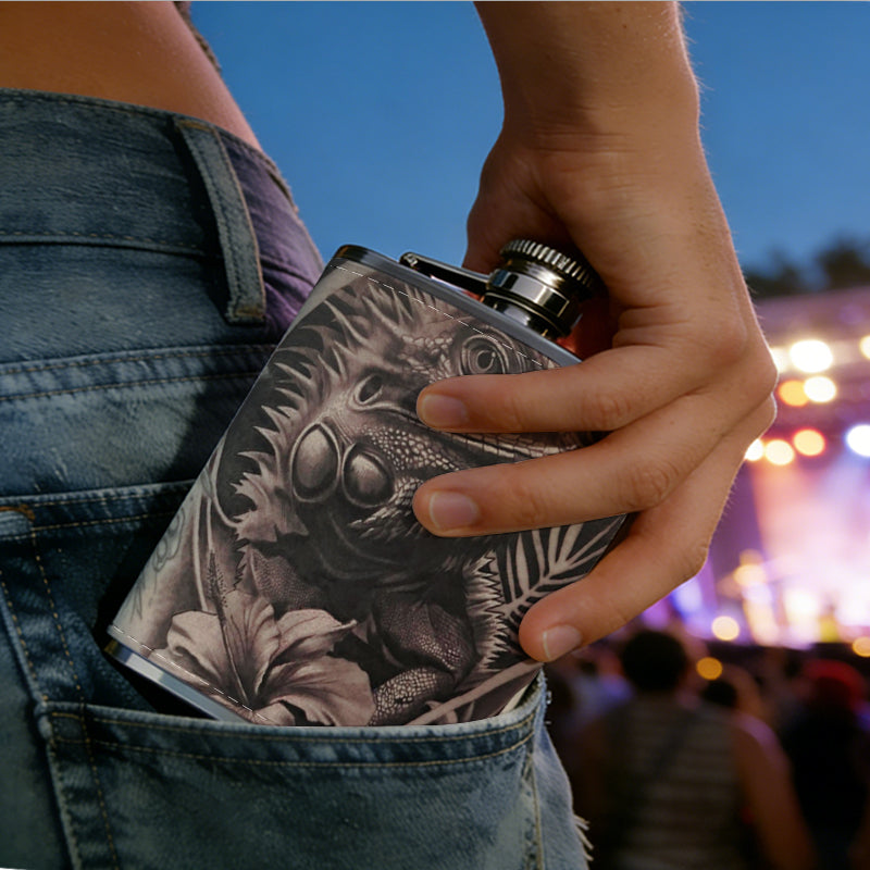 Lion and floral tattoo on skin One 8oz Flask – Carries Whiskey, Wine & Juice, Portable Outdoor Gift for Friends