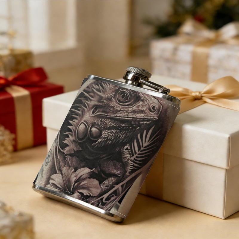 Lion and floral tattoo on skin One 8oz Flask – Carries Whiskey, Wine & Juice, Portable Outdoor Gift for Friends