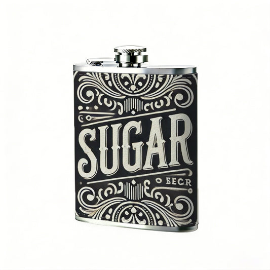 Vintage SUGAR decorative label One 8oz Flask – Carries Whiskey, Wine & Juice, Portable Outdoor Gift for Friends
