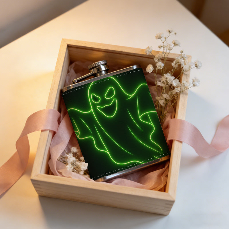Neon green ghost One 8oz Flask – Carries Whiskey, Wine & Juice, Portable Outdoor Gift for Friends