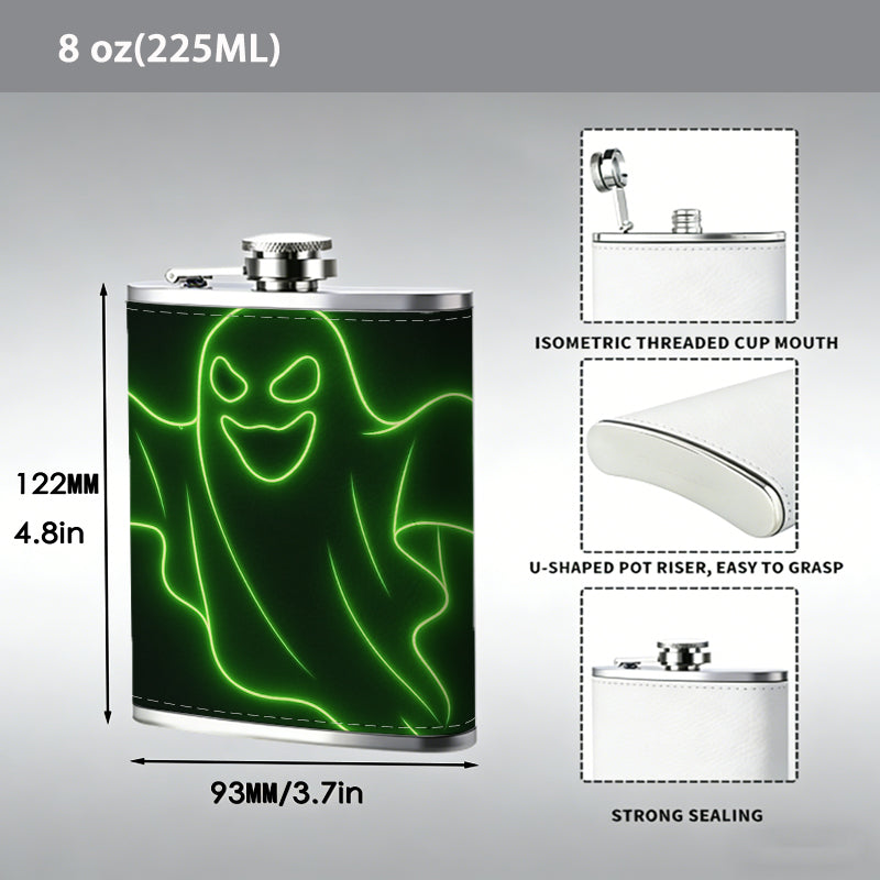 Neon green ghost One 8oz Flask – Carries Whiskey, Wine & Juice, Portable Outdoor Gift for Friends