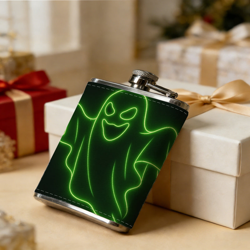 Neon green ghost One 8oz Flask – Carries Whiskey, Wine & Juice, Portable Outdoor Gift for Friends