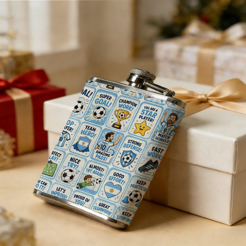 Various football sports icons One 8oz Flask – Carries Whiskey, Wine & Juice, Portable Outdoor Gift for Friends