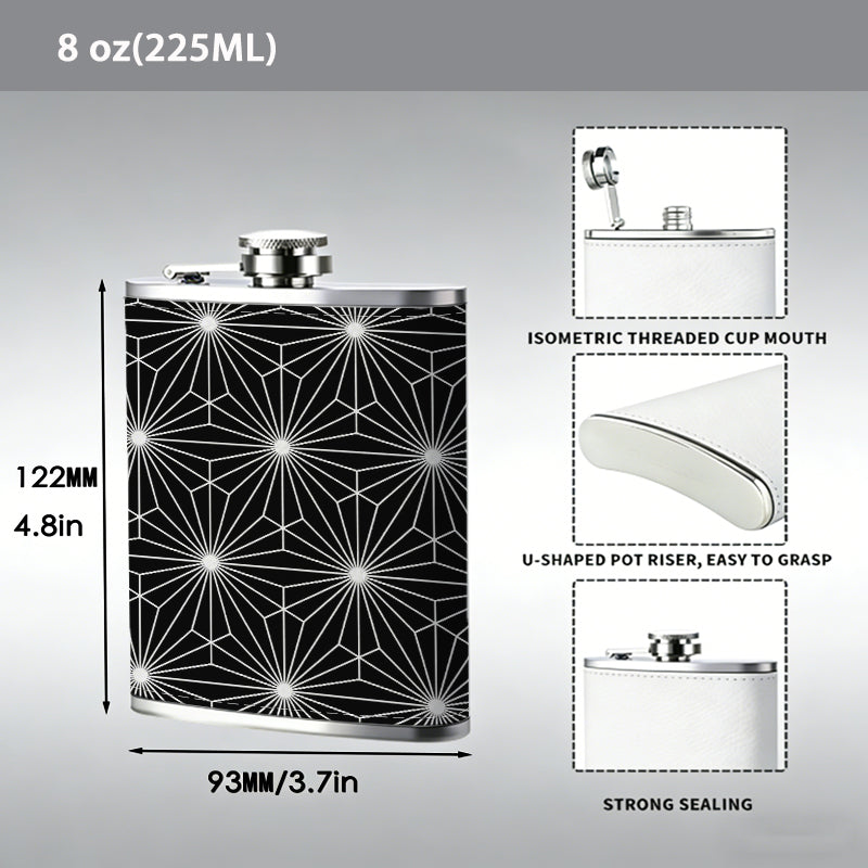 Glowing black and white geometric pattern One 8oz Flask – Carries Whiskey, Wine & Juice, Portable Outdoor Gift for Friends