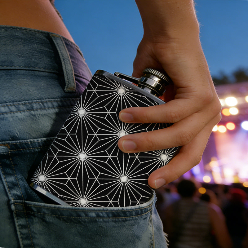 Glowing black and white geometric pattern One 8oz Flask – Carries Whiskey, Wine & Juice, Portable Outdoor Gift for Friends
