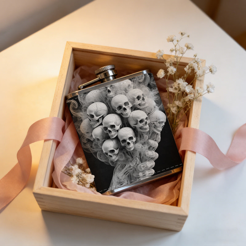 Skulls and smoke bouquet One 8oz Flask – Carries Whiskey, Wine & Juice, Portable Outdoor Gift for Friends