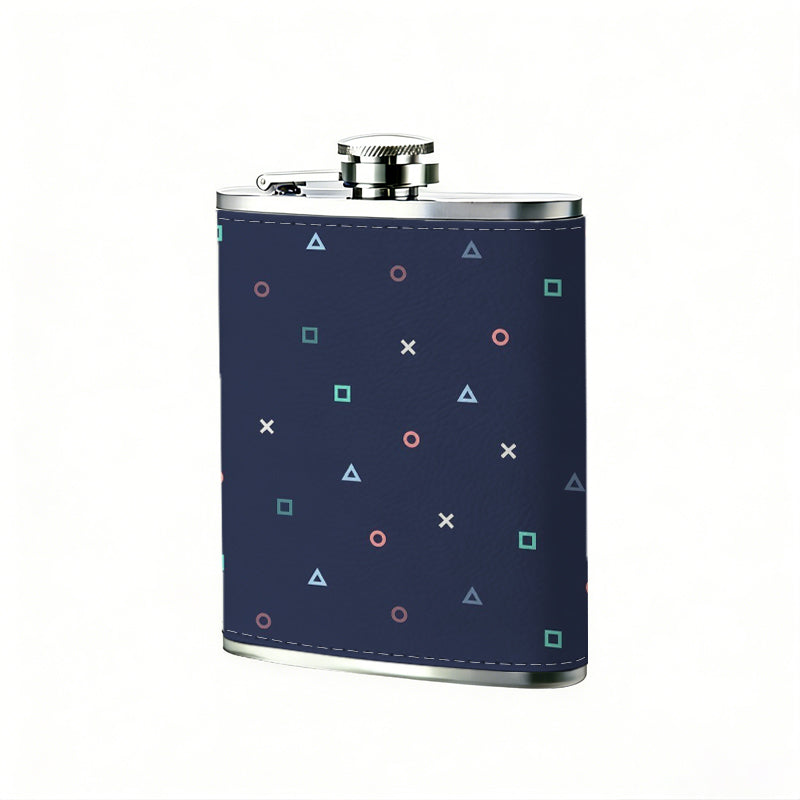 Dark blue background with dotted and square patterns One 8oz Flask – Carries Whiskey, Wine & Juice, Portable Outdoor Gift for Friends