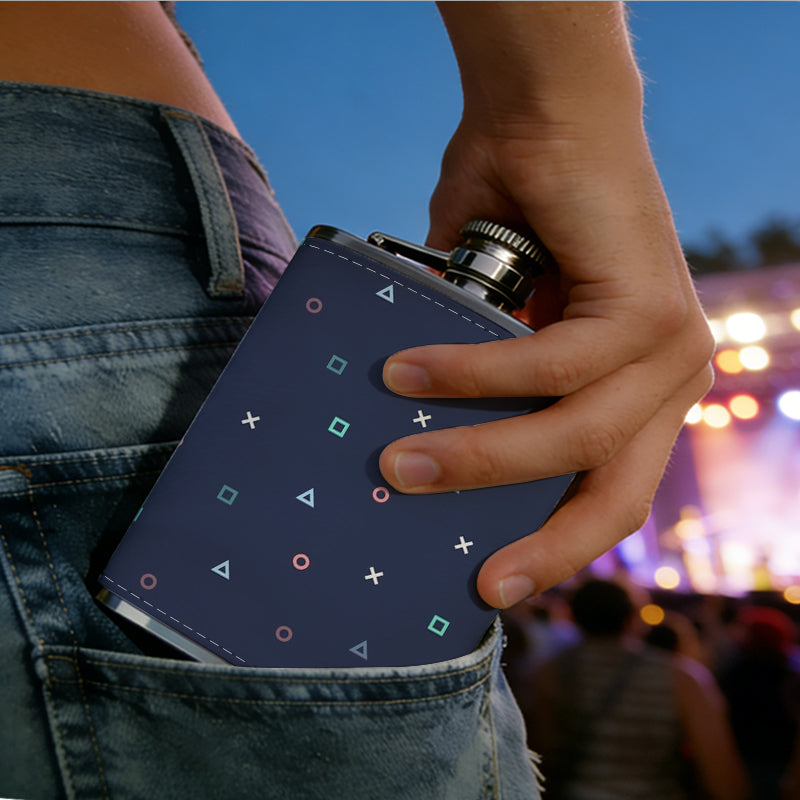 Dark blue background with dotted and square patterns One 8oz Flask – Carries Whiskey, Wine & Juice, Portable Outdoor Gift for Friends
