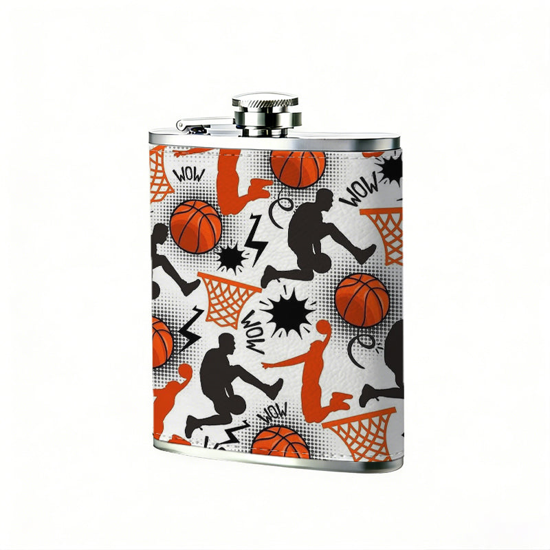 Basketball players, balls and hoops pattern One 8oz Flask – Carries Whiskey, Wine & Juice, Portable Outdoor Gift for Friends