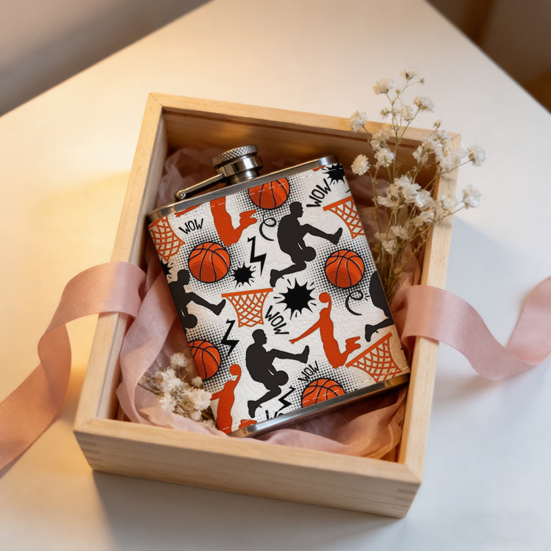 Basketball players, balls and hoops pattern One 8oz Flask – Carries Whiskey, Wine & Juice, Portable Outdoor Gift for Friends