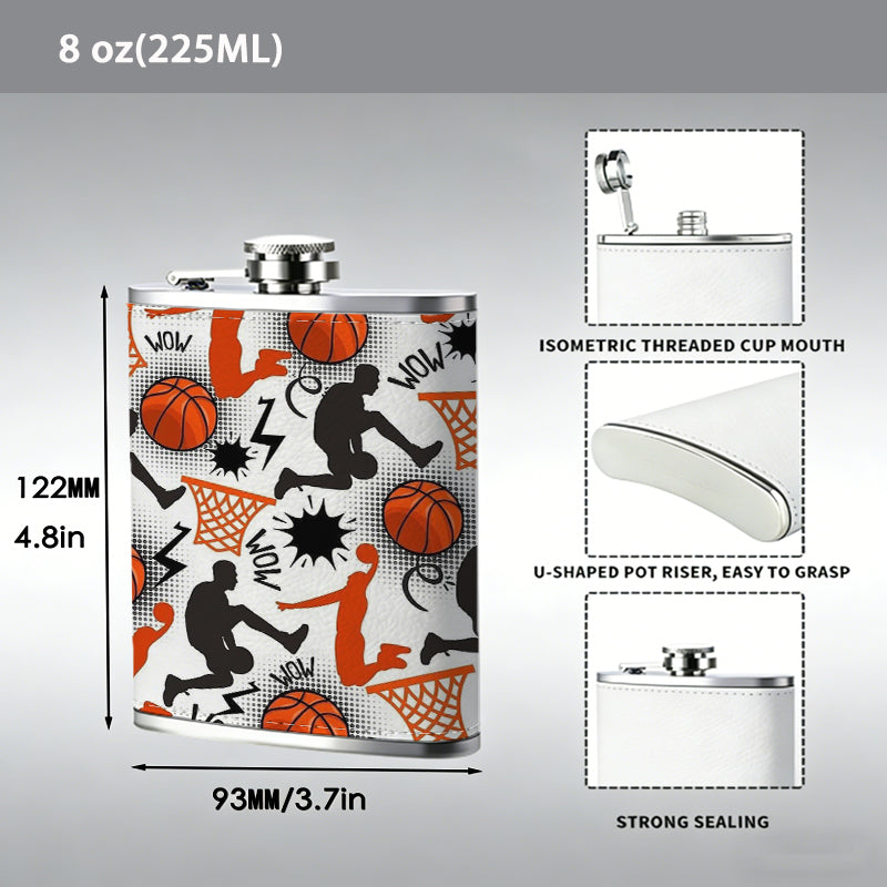 Basketball players, balls and hoops pattern One 8oz Flask – Carries Whiskey, Wine & Juice, Portable Outdoor Gift for Friends