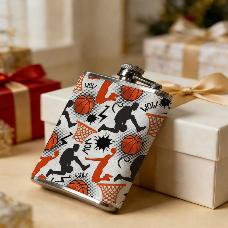 Basketball players, balls and hoops pattern One 8oz Flask – Carries Whiskey, Wine & Juice, Portable Outdoor Gift for Friends