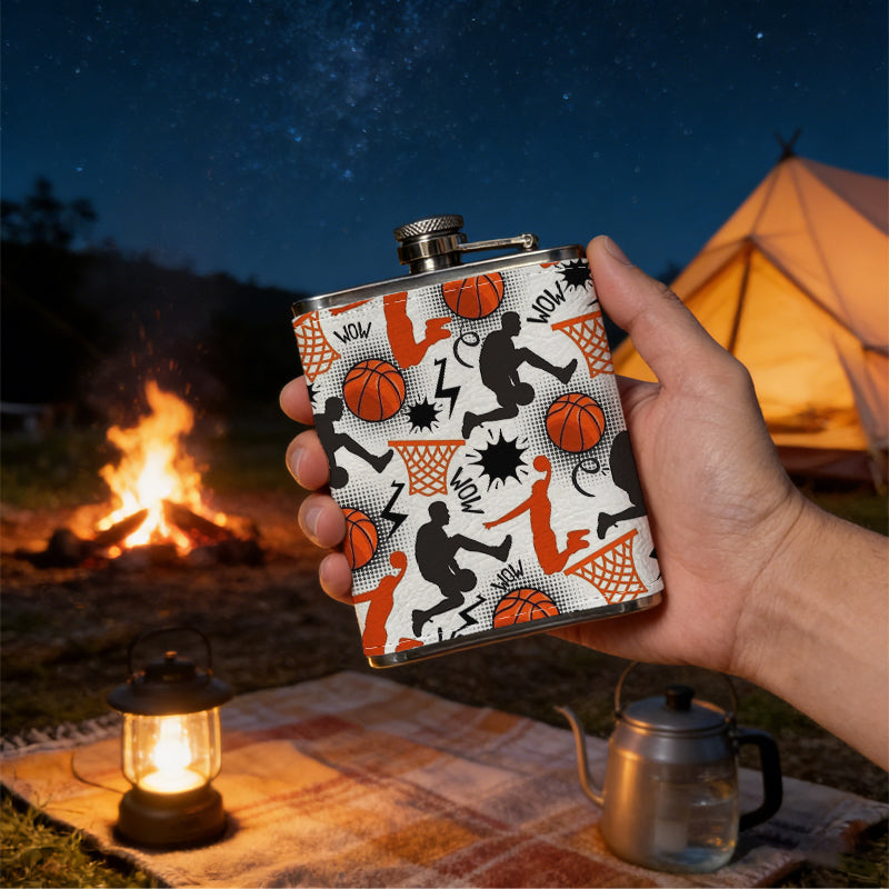 Basketball players, balls and hoops pattern One 8oz Flask – Carries Whiskey, Wine & Juice, Portable Outdoor Gift for Friends
