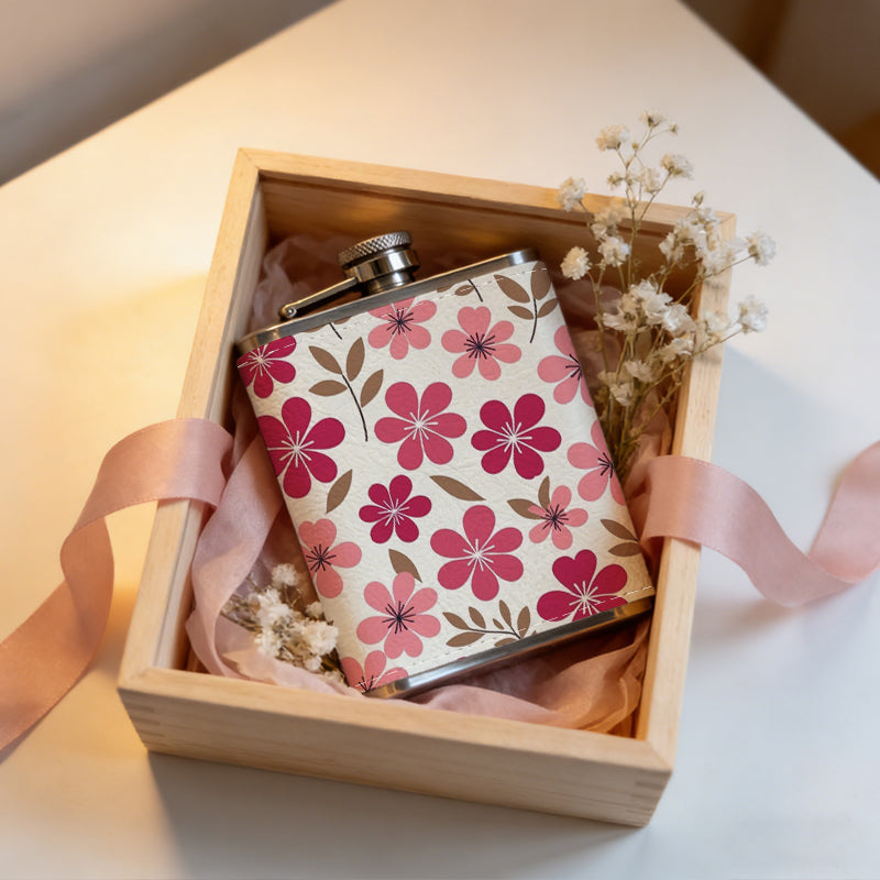 Pink flower and leaf pattern One 8oz Flask – Carries Whiskey, Wine & Juice, Portable Outdoor Gift for Friends