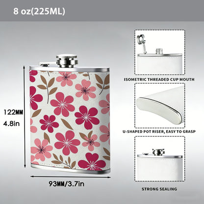 Pink flower and leaf pattern One 8oz Flask – Carries Whiskey, Wine & Juice, Portable Outdoor Gift for Friends