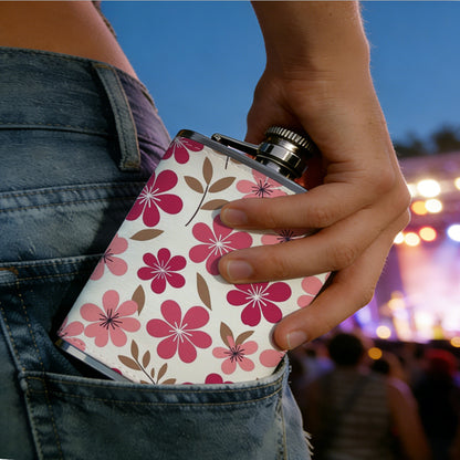 Pink flower and leaf pattern One 8oz Flask – Carries Whiskey, Wine & Juice, Portable Outdoor Gift for Friends