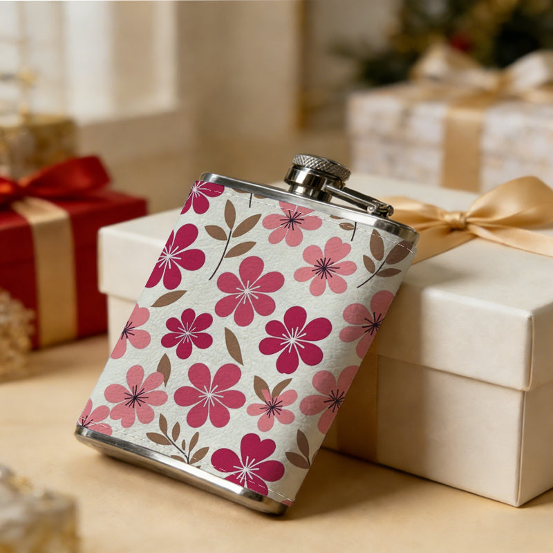 Pink flower and leaf pattern One 8oz Flask – Carries Whiskey, Wine & Juice, Portable Outdoor Gift for Friends