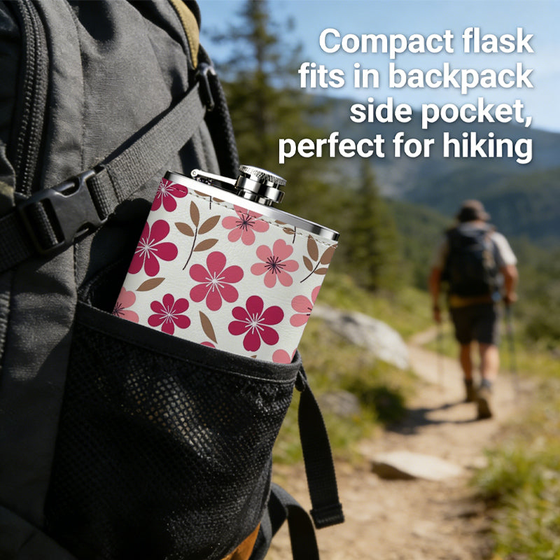 Pink flower and leaf pattern One 8oz Flask – Carries Whiskey, Wine & Juice, Portable Outdoor Gift for Friends